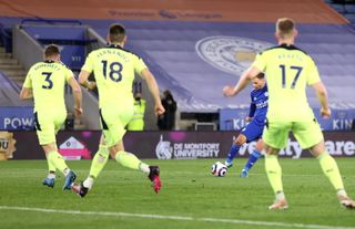 Marc Albrighton, centre right, scores against Newcastle