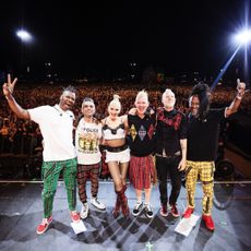 Tony Kanal, Gwen Stefani, Adrian Young, and Tom Dumont of No Doubt pose on the Coachella Stage during the 2024 Coachella Valley Music and Arts Festival at Empire Polo Club on April 13, 2024 in Indio, California. 