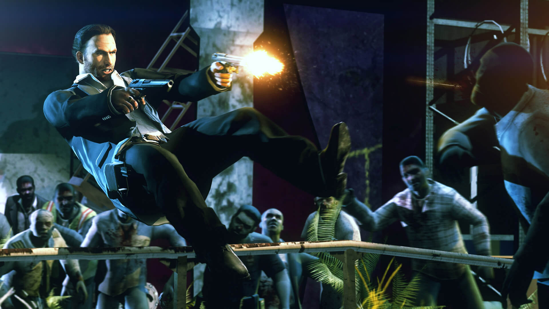 meilleurs jeux FPS : un homme sautant en arrière et tirant avec deux pistolets sur une horde de zombies