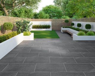 dark grey paved patio in a modern outdoor space