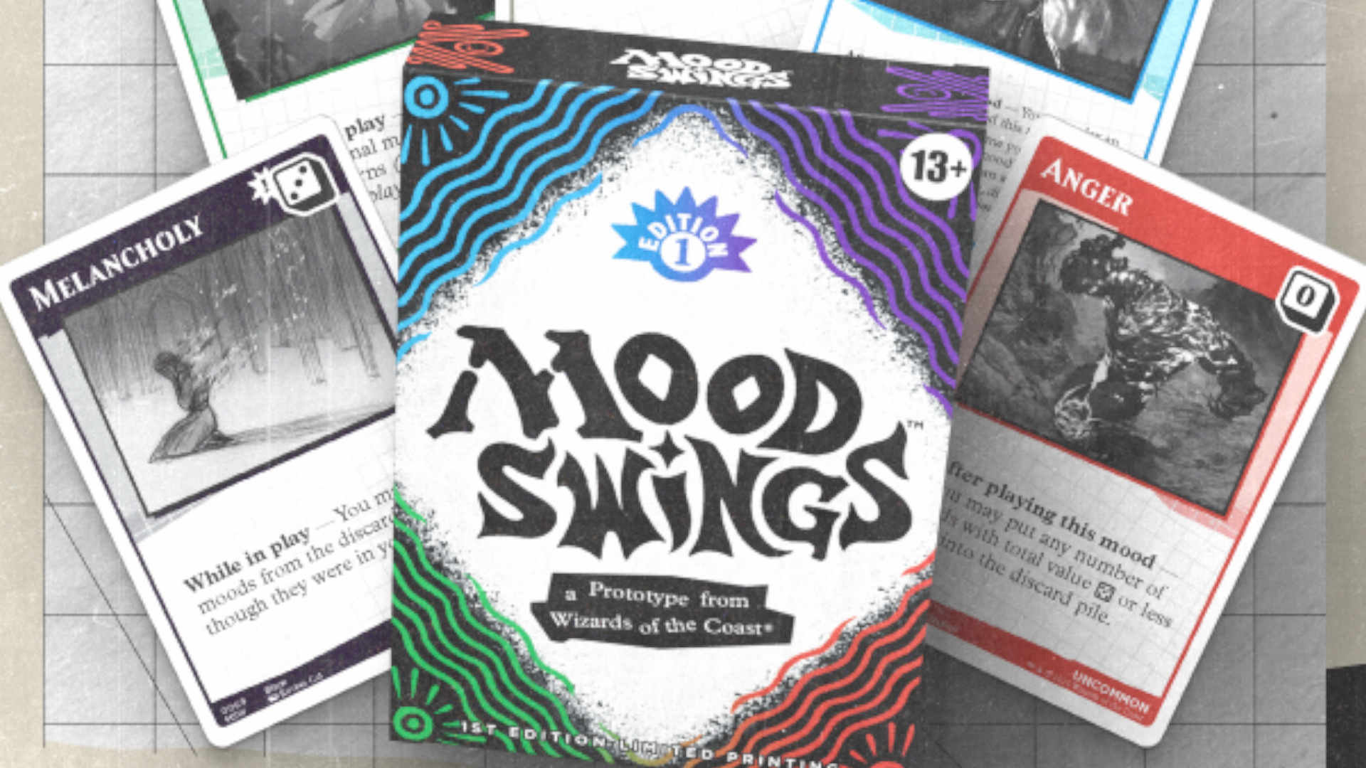 Mood Swings box and cards on a rough, gridded background