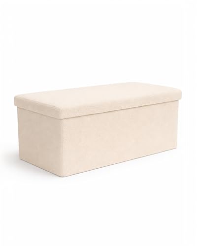 Keplin Storage Ottoman Bench 76&amp;times;38&amp;times;38 Cm &amp;ndash; Large 90 L Hidden Storage, Rapid Fold&amp;#8208;flat Design, 150kg Load Capacity, Tufted Teddy Fabric Finish &amp;ndash; Ideal for Hallway, Bedroom, Living Room - Cream