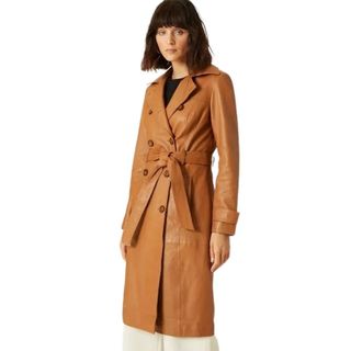 brown long leather trench coat shot on model