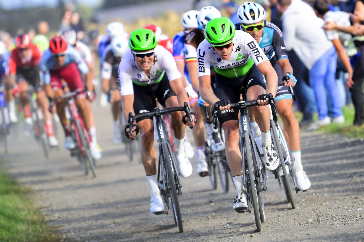 Lars Bak (left) in the thick of the action alongside Dimension Data teammate Julien Vermote at the 2019 Paris-Tours