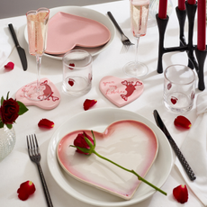 Heart shaped pink plate, coasters and glasses with rose petals to decorate.