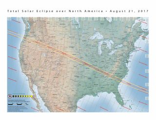 To help you prepare for the Aug. 21, 2017, solar eclipse, the path of totality is plotted on this map of the continental U.S. Sites and accommodations along the path are in short supply, since everyone will want to see it. Red contours indicate the times of totality. Your astronomy app will tell you when the eclipse occurs where you will be, and how much of the sun will be covered by the moon.