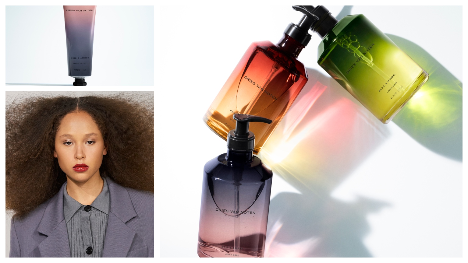 A collage of Dries Van Noten body care products and a model with voluminous curly hair.