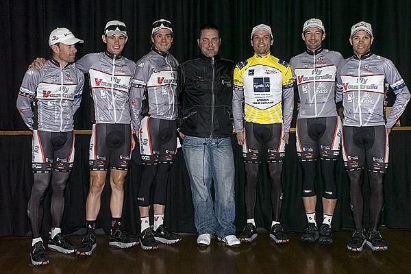 Flying high: The Fly V Australia team which had three riders in the tour's top five (l-r): Chris Pryor, Hayden Brooks, David Kemp, Henk Vogels (manger), Darren Rolfe,Curtis Gunn and Jonathan Cantwell (absent Scott Davis-injured).