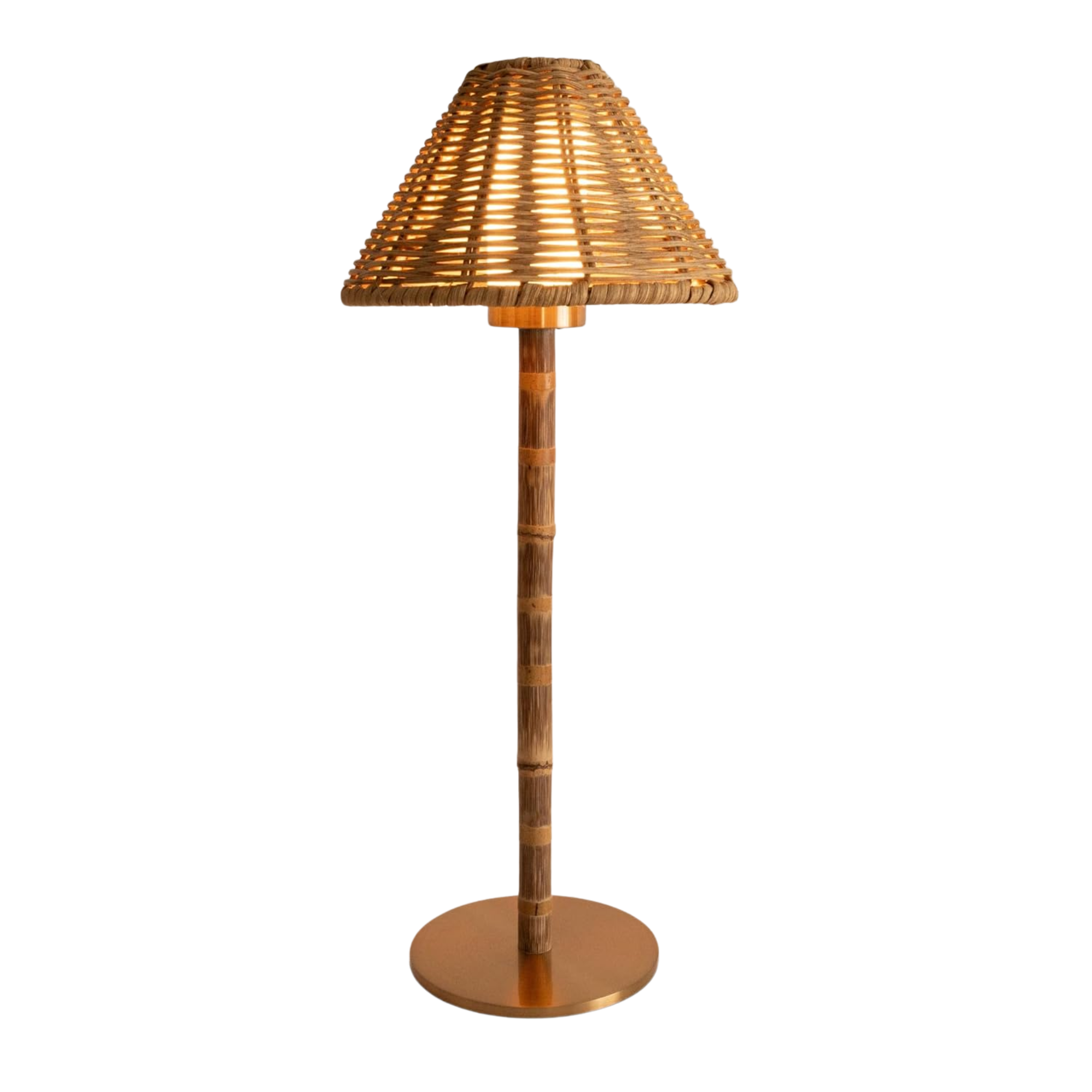 a portable lamp with a rattan shade