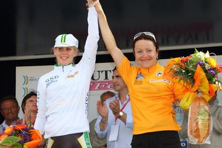 Diana Ziliute (Safi) in the leader's jersey with Tiffany Cromwell (Australia) in the best young rider jersey.