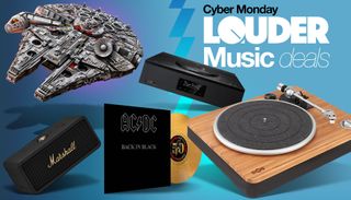 A picture box featuring various music-related products with text reading "Cyber Monday Louder music deals".