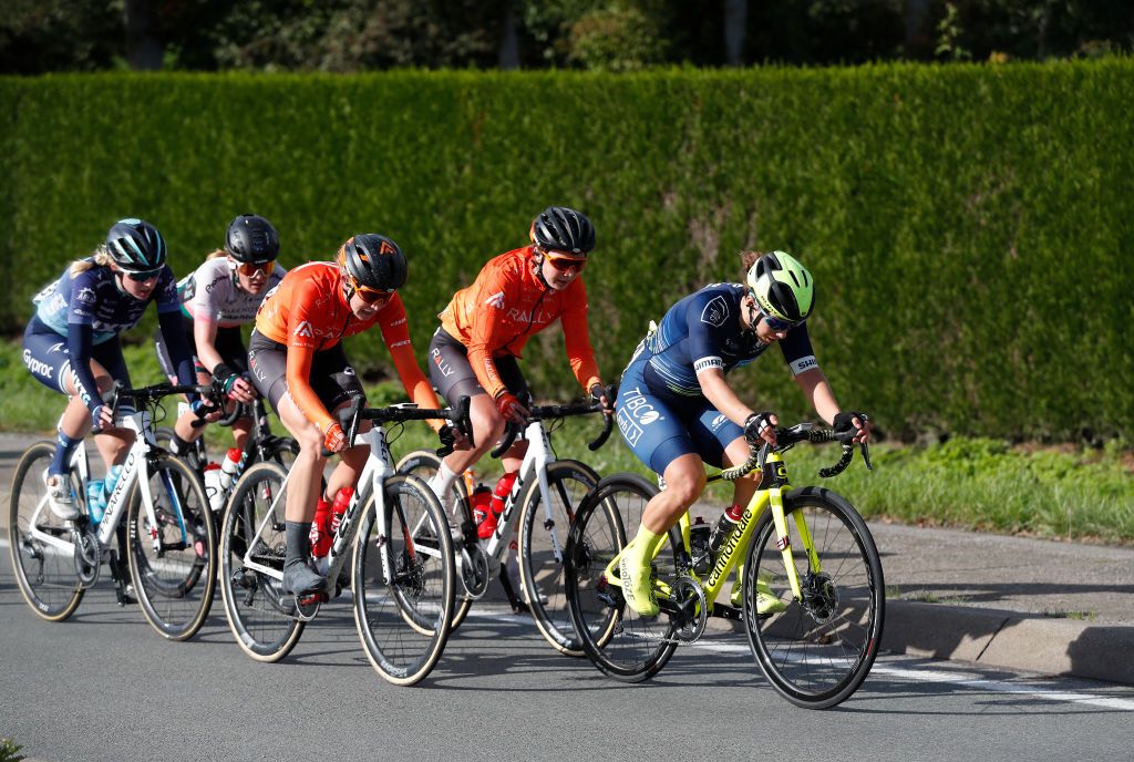 WEVELGEM BELGIUM OCTOBER 11 Leigh Ann Ganzar of The United States and Rally Cycling Team AnnSophie Duyck of Belgium and Team Lotto Soudal Ladies Sara Poidevin of Canada and Rally Cycling Team Cathelijne Hoolwerf of The Netherlands and Team Nxtg Racing Shannon Malseed Australia and Team Tibco Silicon Valley Bank Breakaway during the 9th GentWevelgem In Flanders Fields 2020 Women Elite a 1414km race from Ieper to Wevelgem GentWevelgem FlandersClassic on October 11 2020 in Wevelgem Belgium Photo by Bas CzerwinskiGetty Images