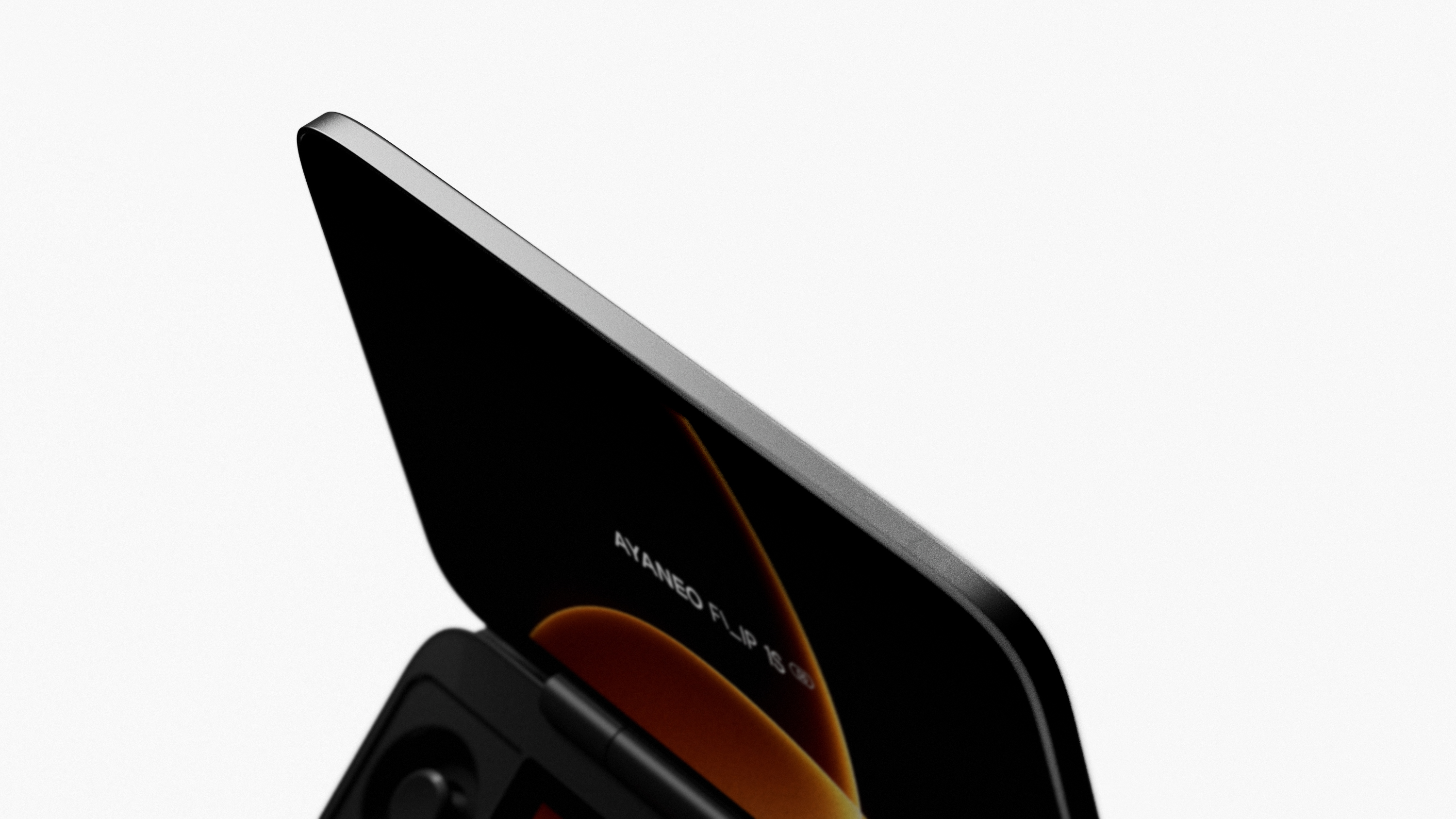 Ayaneo Flip 1S DS on a white background with the screen displaying a black and orange effect.