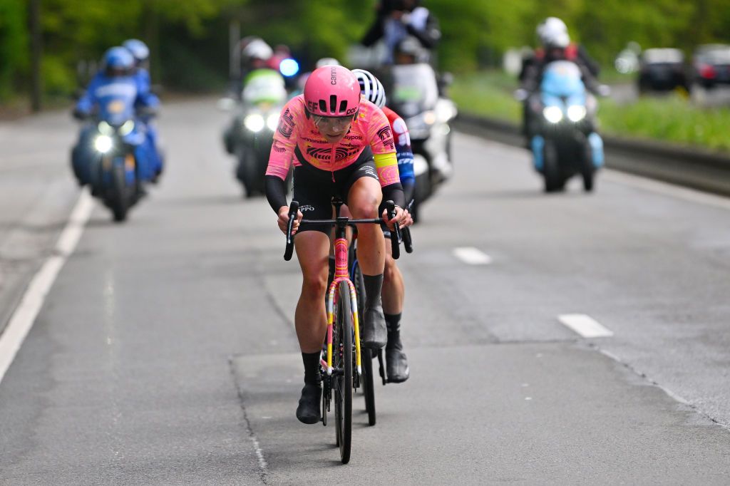 LIEGE BELGIUM APRIL 24 Kim Cadzow of New Zealand and Team EF EducationCannondale competes in the breakaway during the 8th Liege Bastogne Liege Femmes 2024 a 1529km one day race from Bastogne to Liege UCIWWT on April 24 2024 in Liege Belgium Photo by Luc ClaessenGetty Images