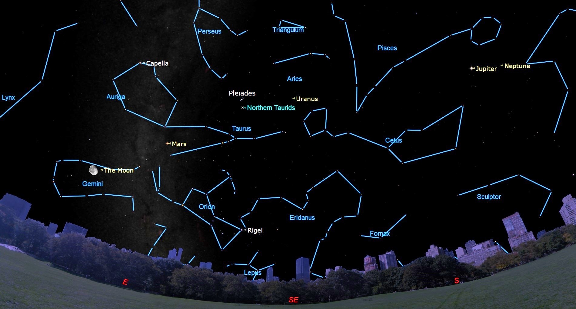 Image of the night sky on November 12, showing the constellation Taurus, from which the Northern Taurids will emerge.
