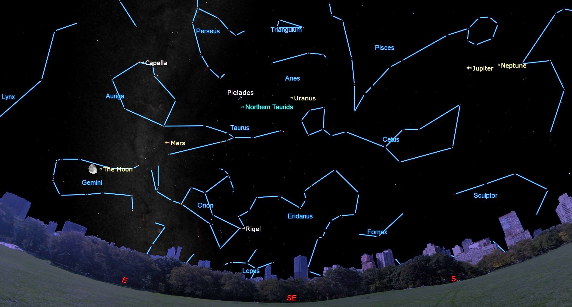 An image of the night sky on Nov. 12 showing the constellation Taurus, from which the Northern Taurids will originate.