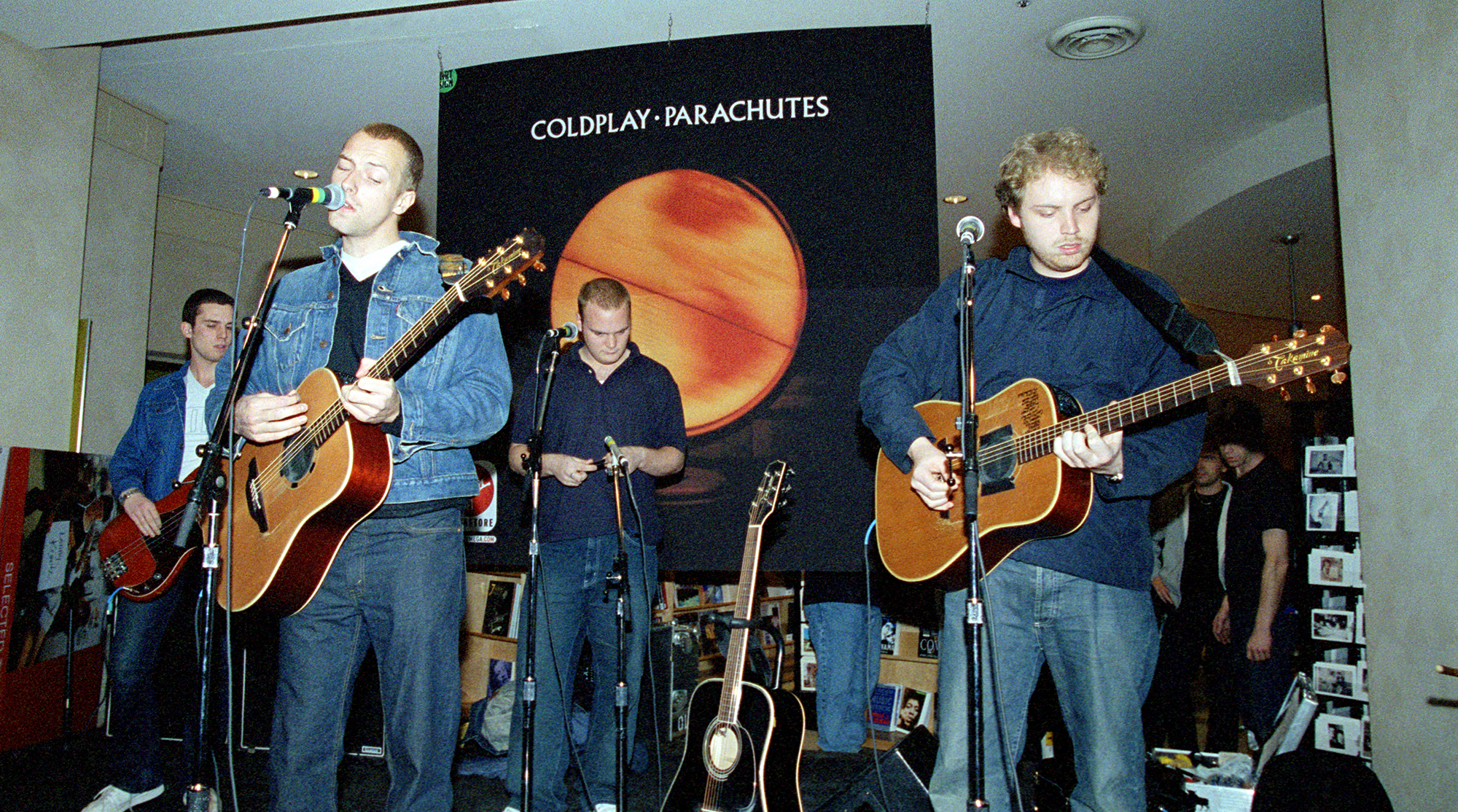 Coldplay promote 'Parachutes' at the Virgin Megastore on Sunset Boulevard in Los Angeles, February 13, 2001. (from left) Guy Berryman, Chris Martin, Will Champion and Jonny Buckland