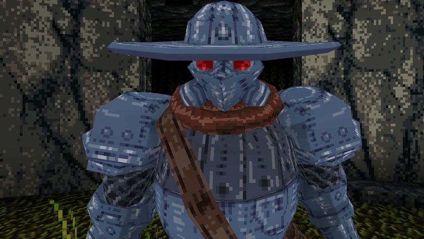 Mohrta protagonist, armored knight-type character with gas mask.