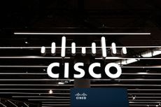 Cisco Systems logo in white with black backdrop on display at the Mobile World Congress in Spain
