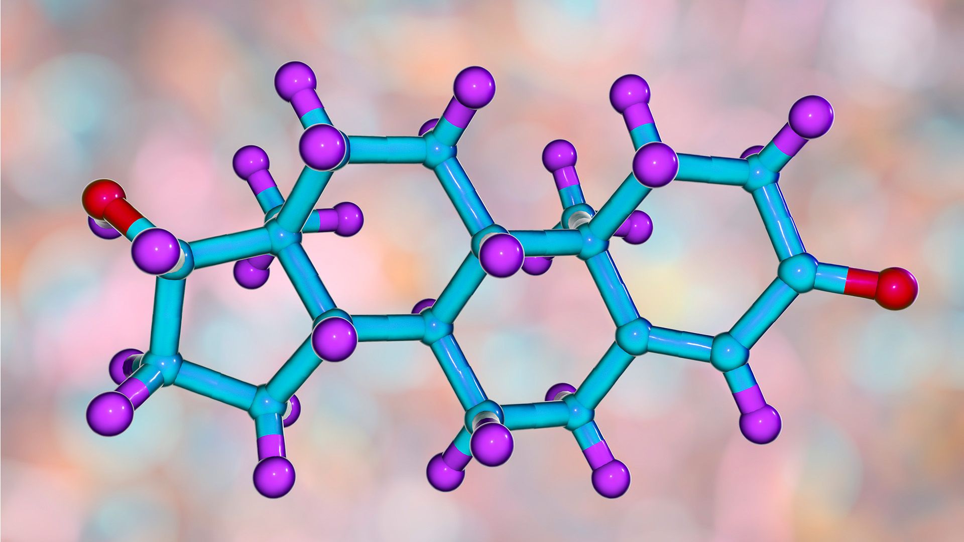 A blue and purple molecule with a few ends colored red.