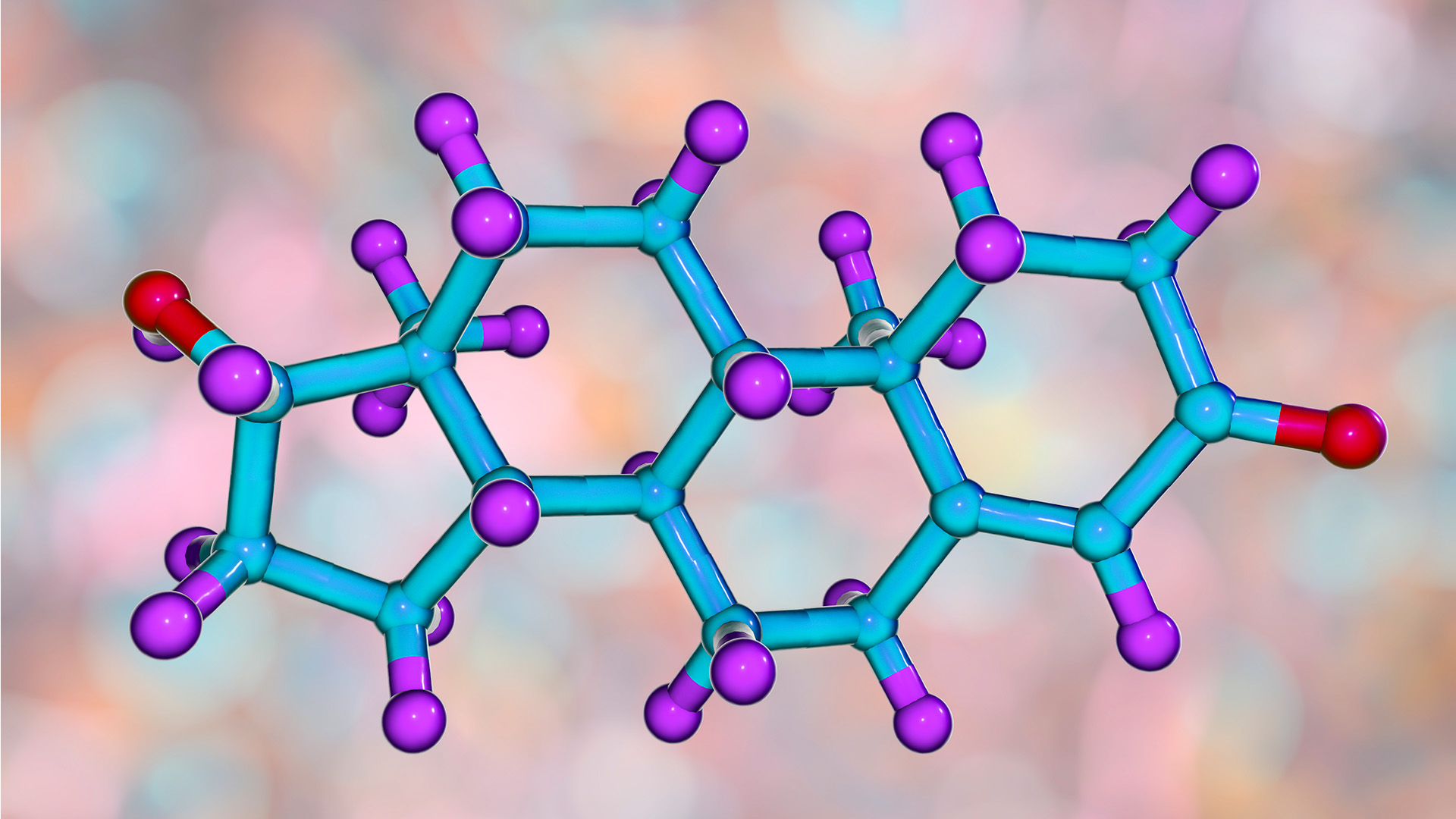 A blue and purple molecule with a few ends colored red.