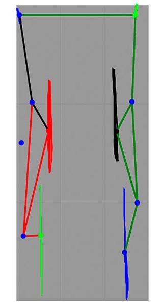 A stick figure view of Sauser's legs and hips pedaling from the front
