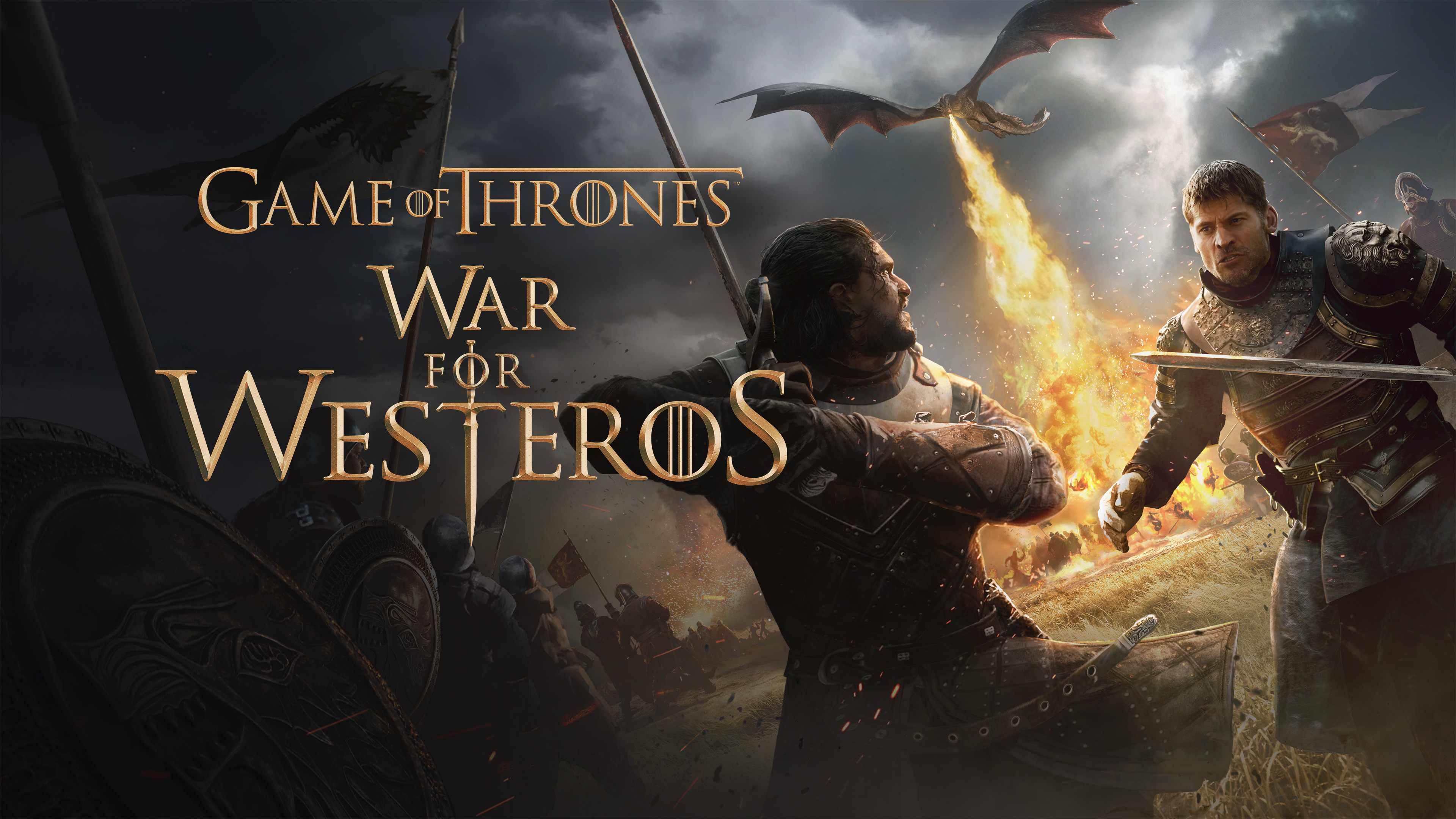 Press shot for Game of Thrones: War for Westeros showing Jon Snow fighting Jaime Lannister as a dragon breathes fire in the background