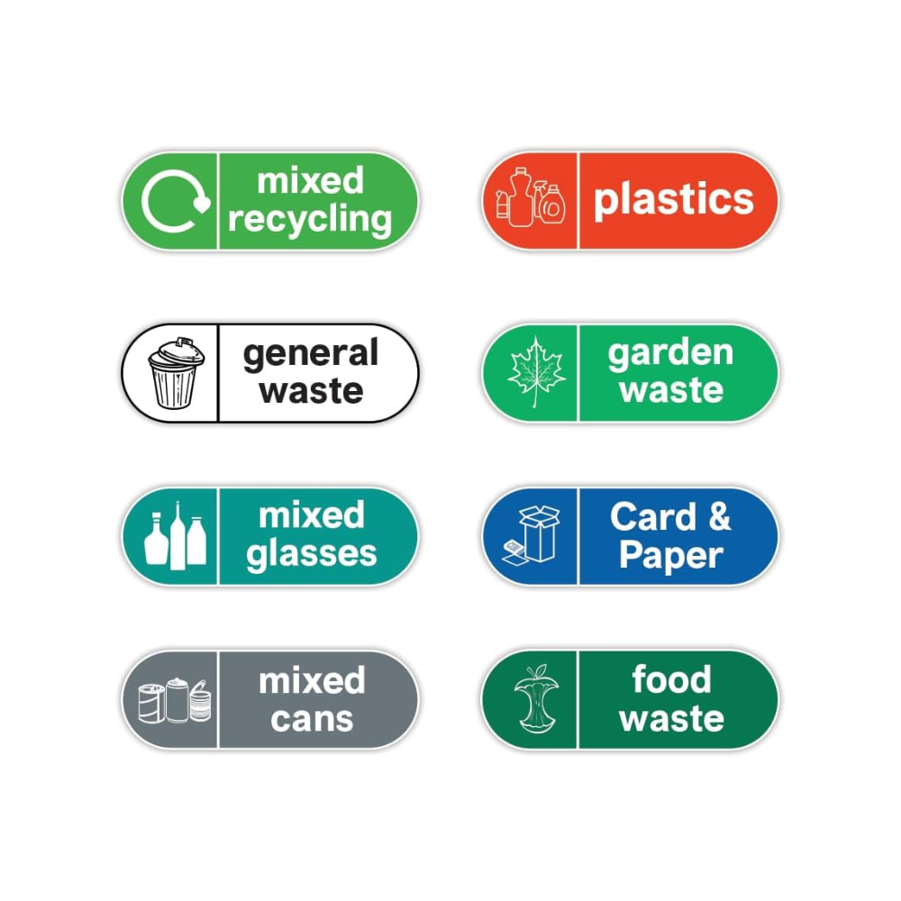 General Waste Stickers for Bins: mixed recycling, plastcis, general waste, garden waste, mixed glasses, card and paper, mixed cans and food waste
