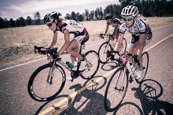 A small chase group in the women's race.