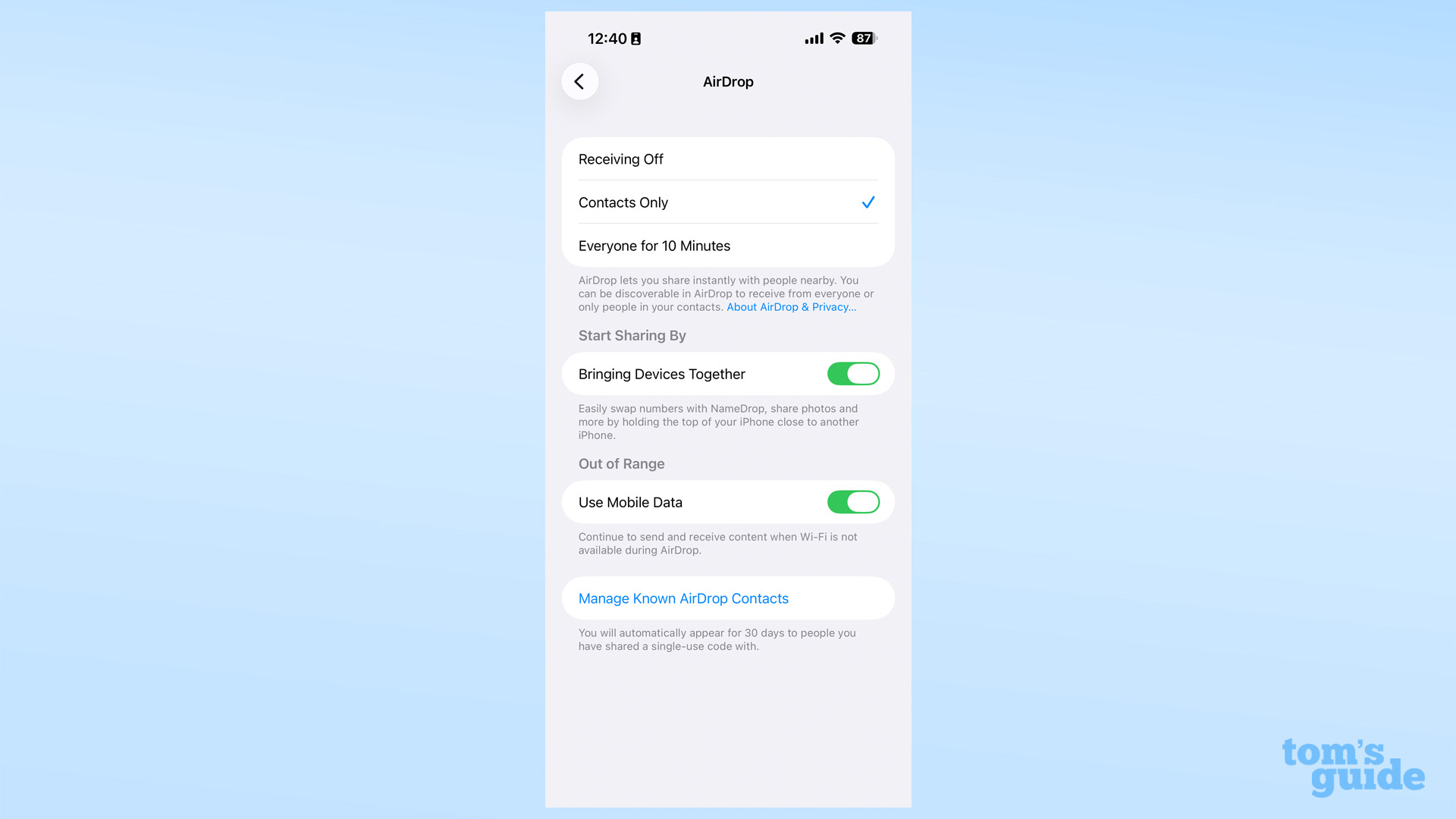 A screenshot of the AirDrop settings menu in iOS 26.2 beta 3, with the new code sharing option mentioned at the bottom of the menu
