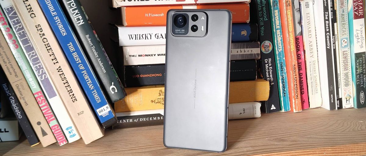 The Asus Zenfone 12 Ultra on a bookshelf.