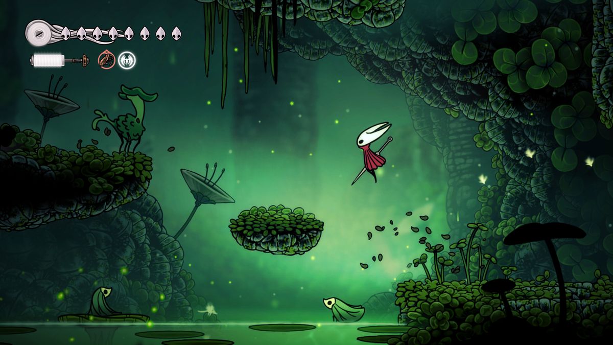 Hollow Knight Silksong gameplay showing Hornet jumping between platforms in a green mossy area