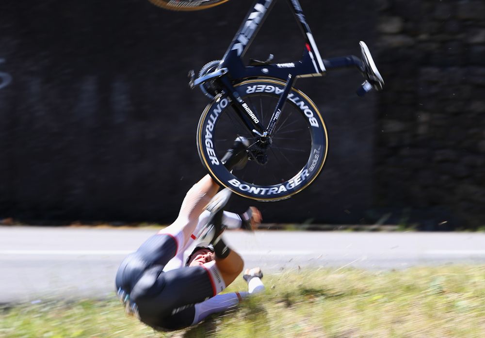 Edward Theuns of Trek-Segafredo crashes during the 37km Individual Time Trial stage 13 of Le Tour de France from Bourg-Saint-Andeol to La Caverne du Pont D'Arcl Saint-Andeo