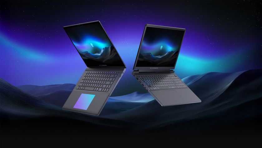 An upcoming Alienware laptop against a mountain background