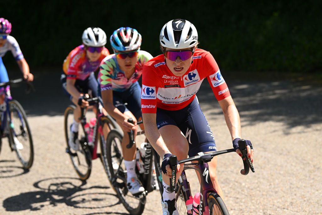 LAREDO SPAIN MAY 06 Demi Vollering of The Netherlands and Team SD Worx Red Leader Jersey competes in the breakaway during the 9th La Vuelta Femenina 2023 Stage 6 a 1061km stage from Castro Urdiales to Laredo UCIWWT on May 06 2023 in Laredo Spain Photo by Dario BelingheriGetty Images