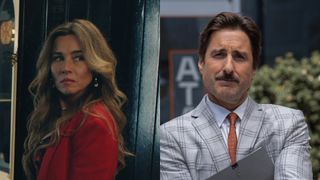 a still of linda cardellini as margo wearing a red sweater and looking like she's investigating and a still of luke wilson as jd campbell wearing a suit and holding a clipboard in no good deed