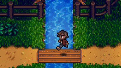 Haunted Chocolatier character jumping over bridge over a river