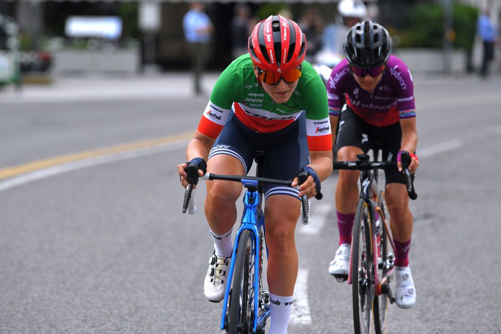 COLICO ITALY JULY 07 Elisa Longo Borghini of Italy and Team Trek Segafredo in breakaway during the 32nd Giro dItalia Internazionale Femminile 2021 Stage 6 a 155km stage from Colico to Colico GiroDonne UCIWWT on July 07 2021 in Colico Italy Photo by Luc ClaessenGetty Images