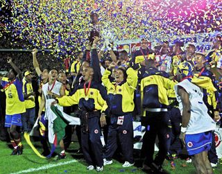 Colombia players celebrate their Copa America win in 2001.