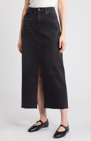 Raw Hem Mid Rise Denim Midi Skirt