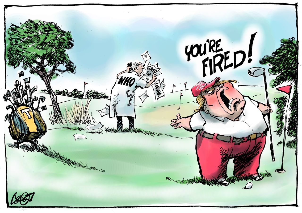 Political Cartoon U.S. Trump golfing blames club WHO on coronavirus spreading