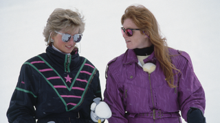 Princess Diana (1961 - 1997, left) with the Duchess of York during a skiing holiday in Klosters, Switzerland, 9th March 1988