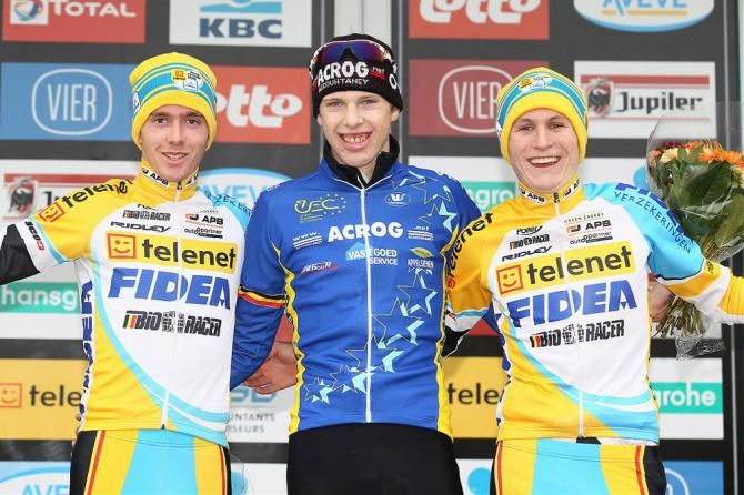 Junior men's podium at Superprestige Gavere (L-R): Gianni Van Donink, Yannick Peeters and Thijs Aerts