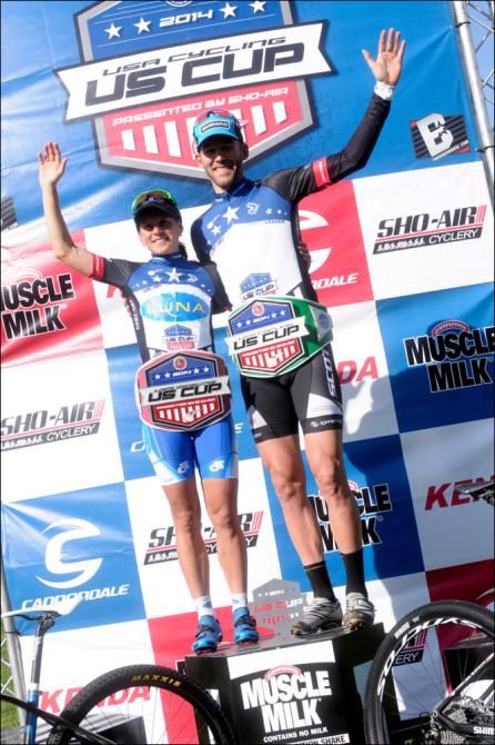 Katerina Nash (Luna Pro Team) and Geoff Kabush (Scott-3Rox) don the USA Cycling US CUP leaders&rsquo; belts atop the podium at the Bonelli Park race