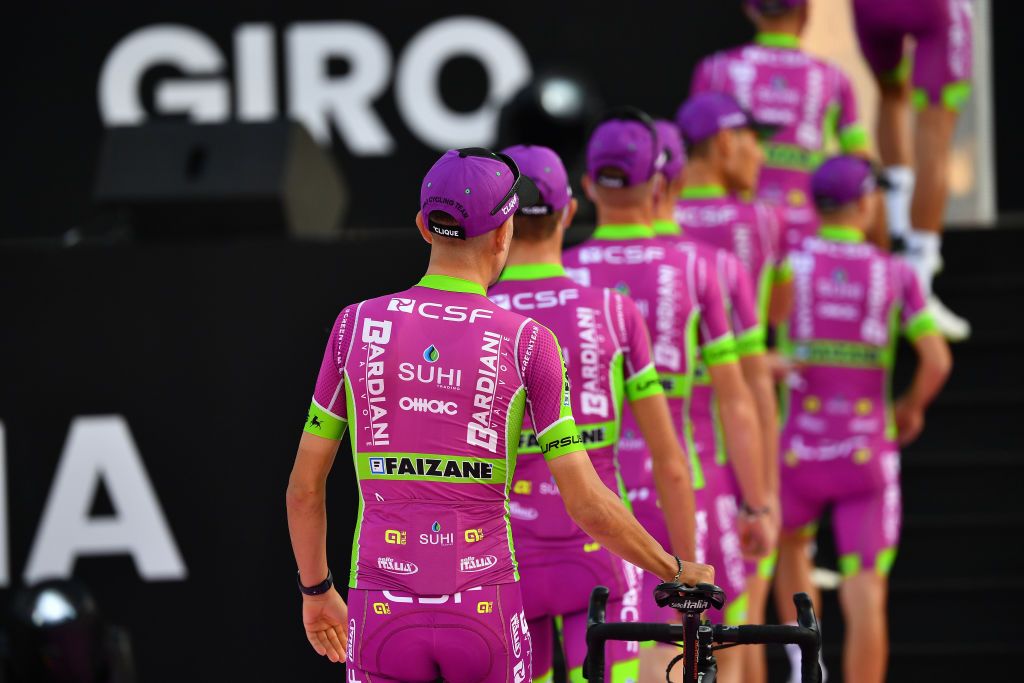 PALERMO ITALY OCTOBER 01 Giovanni Carboni of Italy Luca Covili of Italy Filippo Fiorelli of Italy Giovanni Lonardi of Italy Fabio Mazzucco of Italy Francesco Romano of Italy Alessandro Tonelli of Italy Filippo Zana of Italy and Team Bardiani CSF Faizane during the 103rd Giro dItalia 2020 Team Presentation in Archaeological Park of Segesta in Palermo City Temple of Segesta girodiitalia Giro on October 01 2020 in Palermo Italy Photo by Stuart FranklinGetty Images