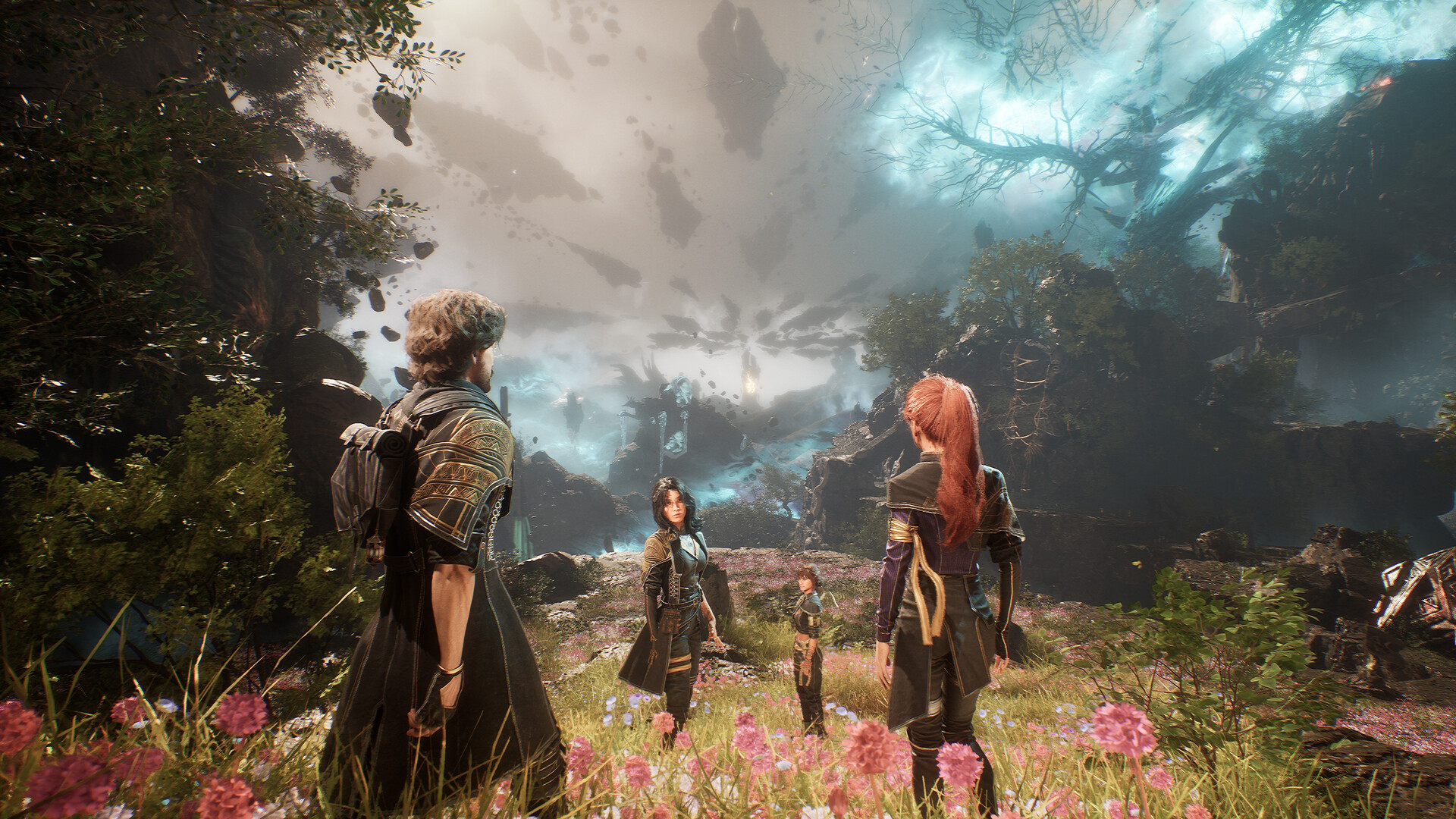 A group of soldiers looking at a magical landscape during the fantasy RPG, Clair Obscur: Expedition 33