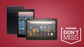 Amazon Fire tablets on a red TechRadar deals background