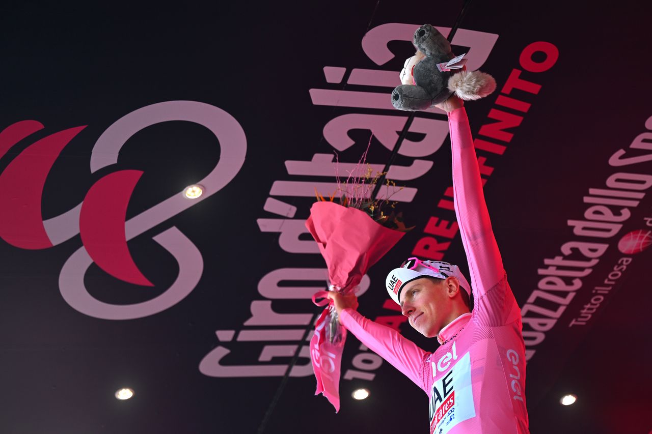 Tadej Pogačar pulls on pink on stage four of the Giro d&#039;Italia 2024