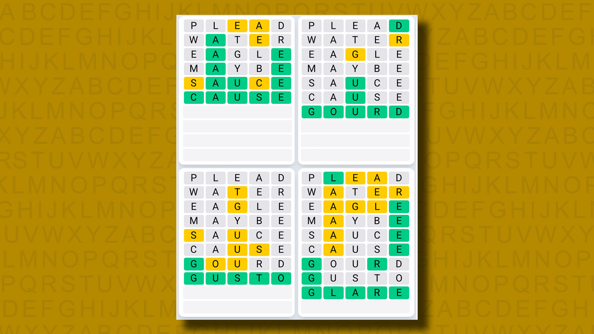 Quordle Daily Sequence answers for game 1267 on a yellow background