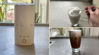 Three images of the Smeg mini milk frother next to an image of milk frothed in the Smeg and an iced chocolate with frothed milk in